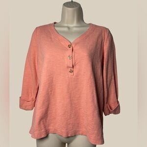 J. Jill Peach Henley Textured Waffle Knit Rolled Cuff 3/4 Sleeves Cotton SZ S